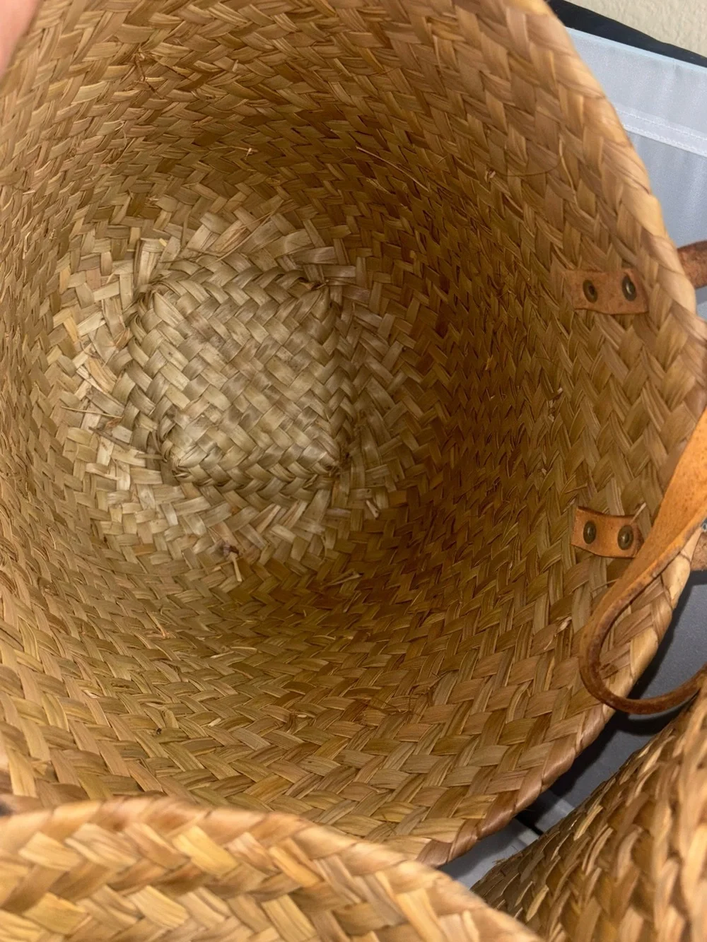 3 vintage Handwoven Straw Tote Bag with Leather Handles - Natural